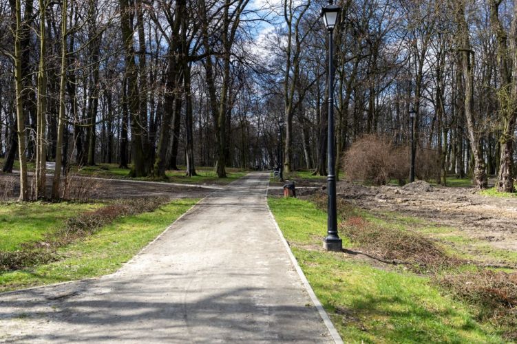 Prace przy montażu oświetlenia, budowie alejek i strefy rekreacji w Parku Ludowym
