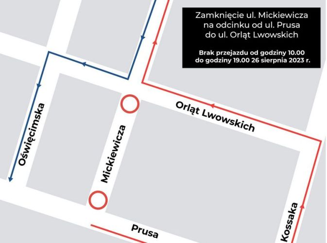 Ulica Mickiewicza 26 sierpnia na odcinku od ul. Orląt Lwowskich do Prusa zamknięta na czas festynu