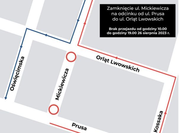 Ulica Mickiewicza 26 sierpnia na odcinku od ul. Orląt Lwowskich do Prusa zamknięta na czas festynu